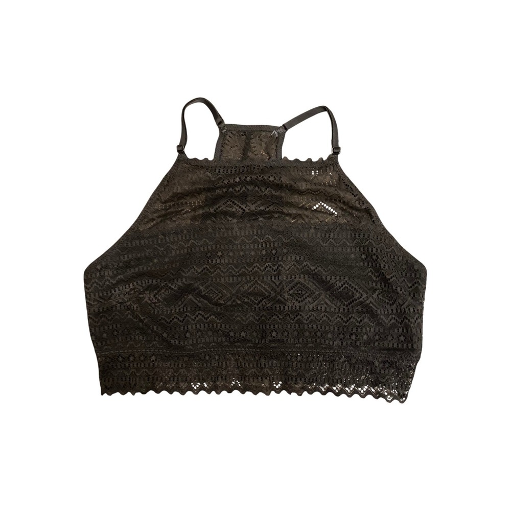 Mae Womens Geometric Lace Hi-Neck Bralette Black Racerback XL NEW
